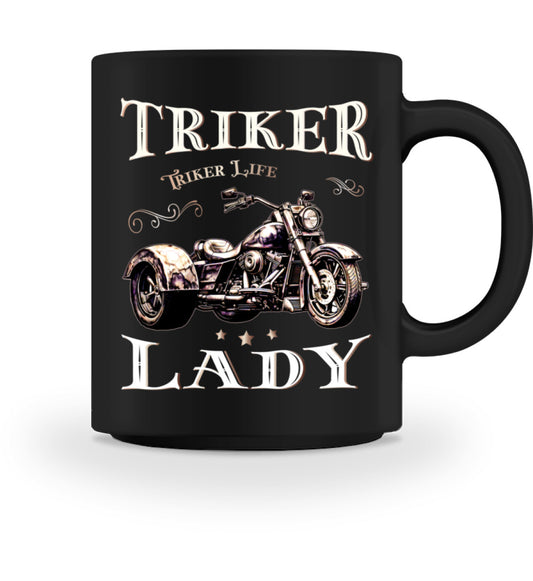 Eine Tasse für Motorradfahrer von Wingbikers, mit dem beidseitigen Aufdruck, Triker Lady - Triker Life, im vintage Stil, in schwarz.