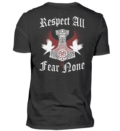 Ein T-Shirt für Motorradfahrer von Wingbikers mit dem Aufdruck, Respekt All - Fear None - mit einem Thorshammer, in schwarz.