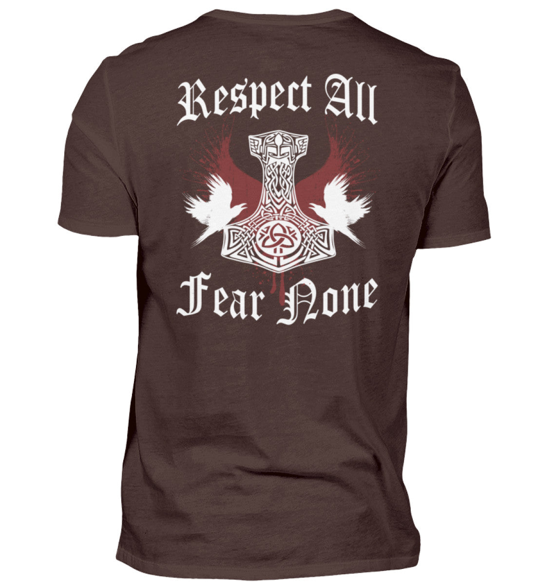 Ein T-Shirt für Motorradfahrer von Wingbikers mit dem Aufdruck, Respekt All - Fear None - mit einem Thorshammer, in braun.