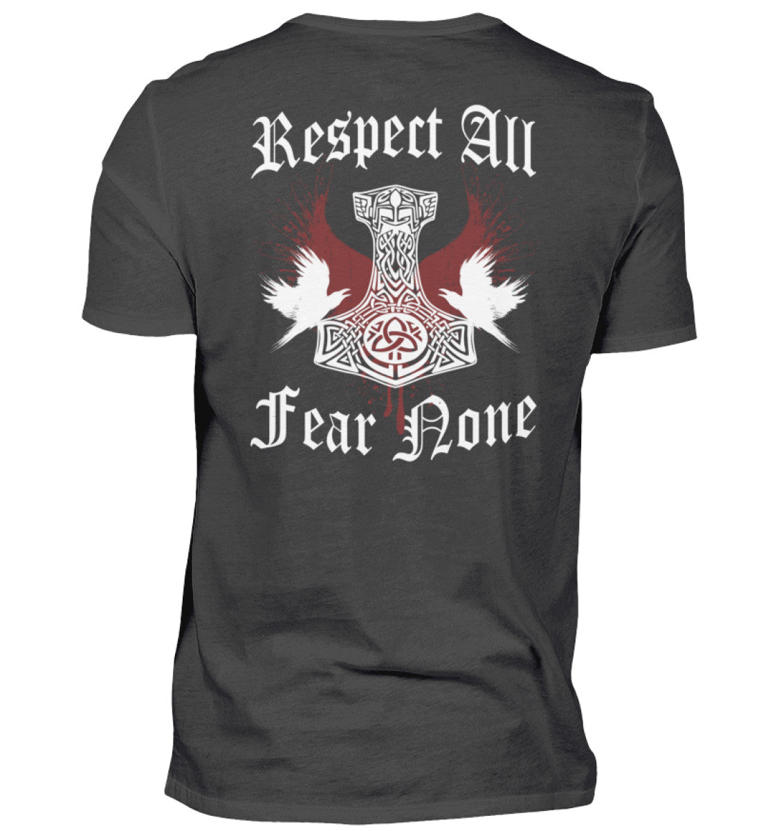 Ein T-Shirt für Motorradfahrer von Wingbikers mit dem Aufdruck, Respekt All - Fear None - mit einem Thorshammer, in dunkelgrau.
