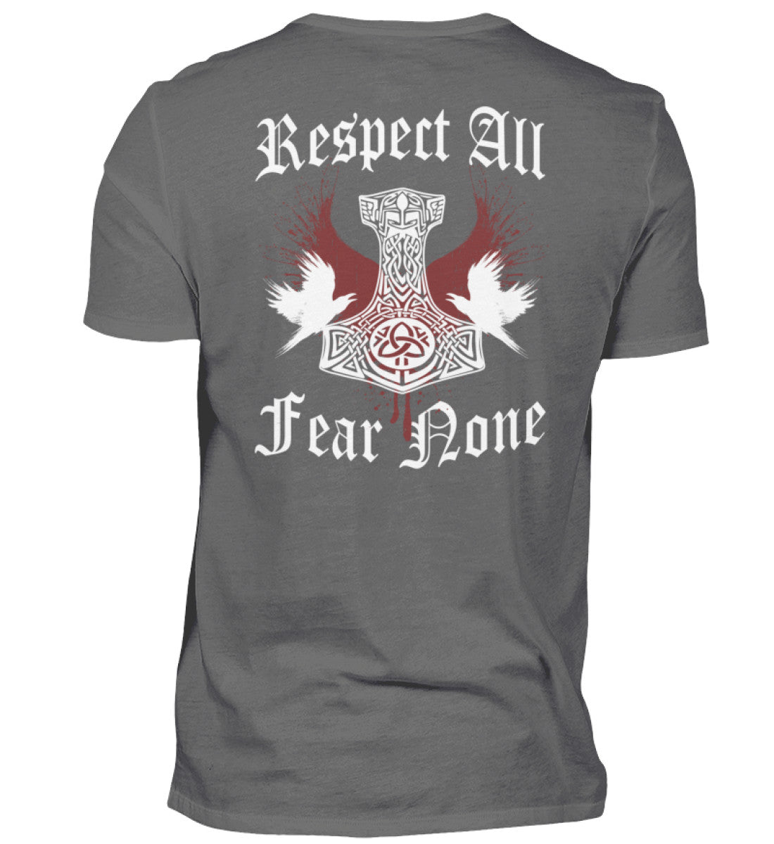 Ein T-Shirt für Motorradfahrer von Wingbikers mit dem Aufdruck, Respekt All - Fear None - mit einem Thorshammer, in grau.
