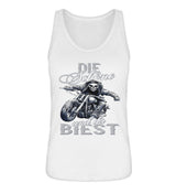 Ein Bikerin Tanktop für Motorradfahrerinnen von Wingbikers mit dem Aufdruck, Die Schöne und ihr Biest - in weiß.