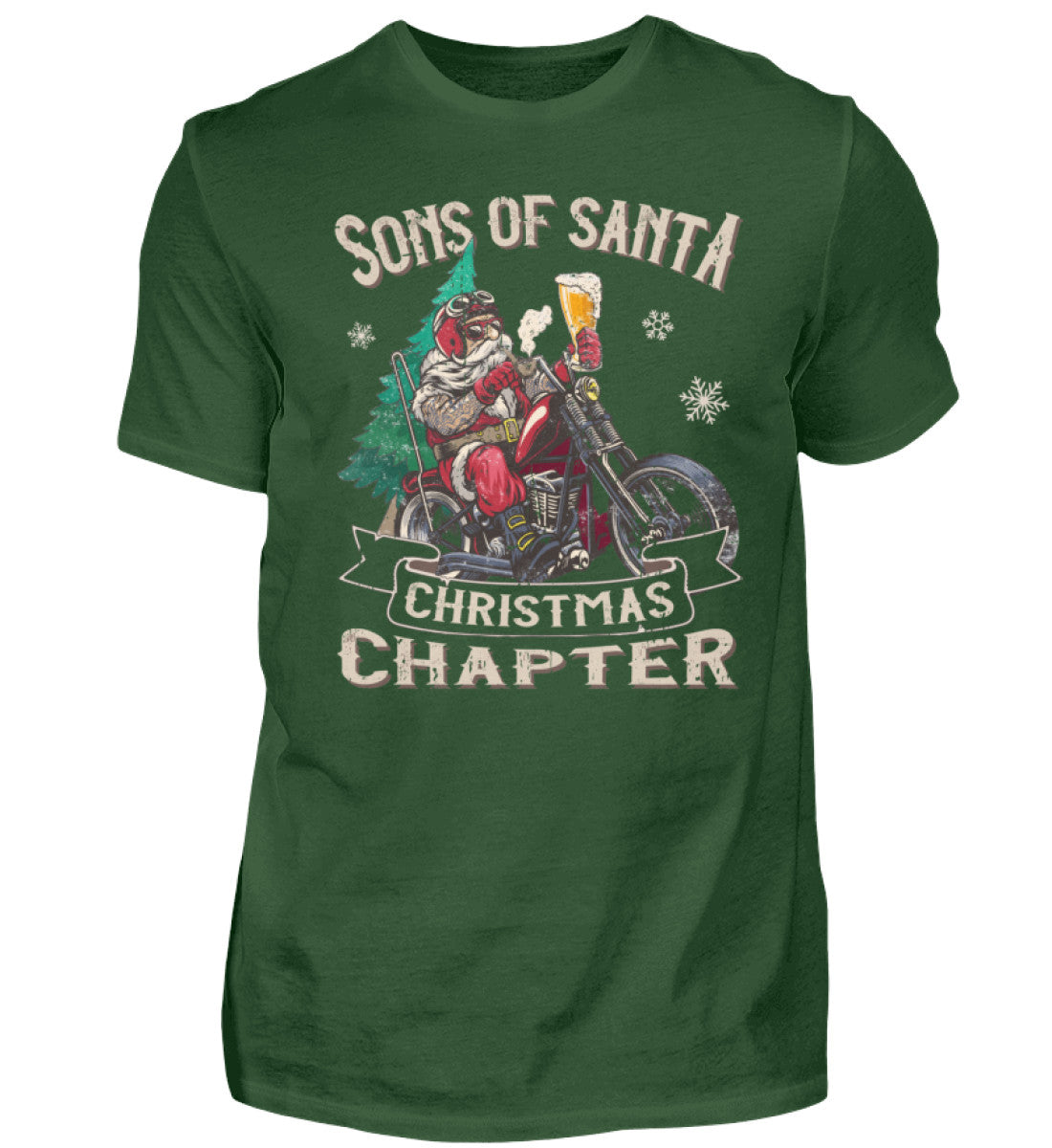 Ein Biker T-Shirt für Motorradfahrer von Wingbikers mit dem Aufdruck, Sons of Santa - mit dem Weihnachtsmann auf dem Motorrad, in dunkelgrün.