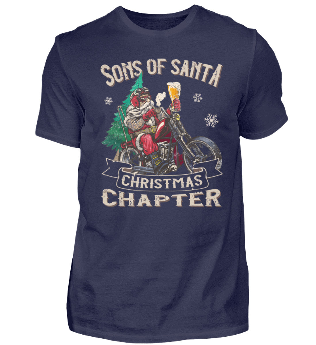 Ein Biker T-Shirt für Motorradfahrer von Wingbikers mit dem Aufdruck, Sons of Santa - mit dem Weihnachtsmann auf dem Motorrad, in navy blau.