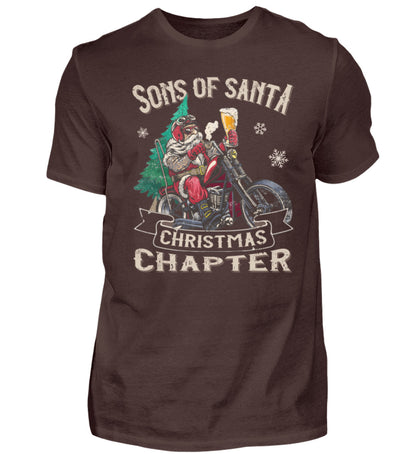Ein Biker T-Shirt für Motorradfahrer von Wingbikers mit dem Aufdruck, Sons of Santa - mit dem Weihnachtsmann auf dem Motorrad, in braun.