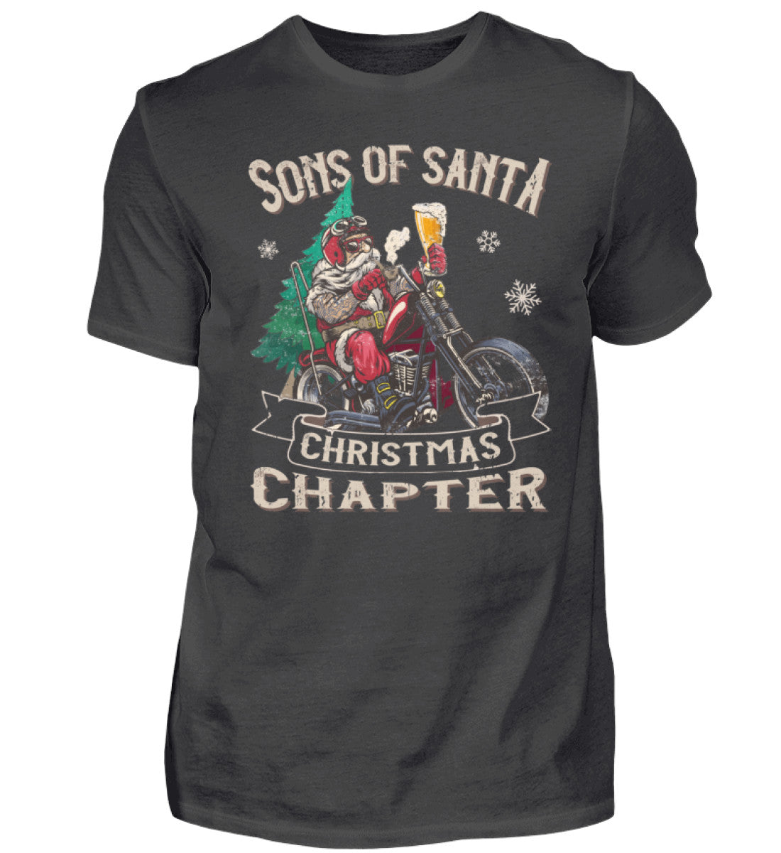 Ein Biker T-Shirt für Motorradfahrer von Wingbikers mit dem Aufdruck, Sons of Santa - mit dem Weihnachtsmann auf dem Motorrad, in dunkelgrau.
