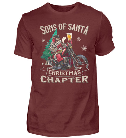 Ein Biker T-Shirt für Motorradfahrer von Wingbikers mit dem Aufdruck, Sons of Santa - mit dem Weihnachtsmann auf dem Motorrad, in weinrot.