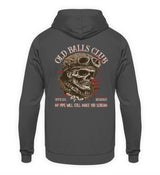 Ein Biker Hoodie für Motorradfahrer von Wingbikers mit dem Aufdruck, Old Balls Club - My Pipe Will Still Make You Scream, als Back Print,  in dunkelgrau.