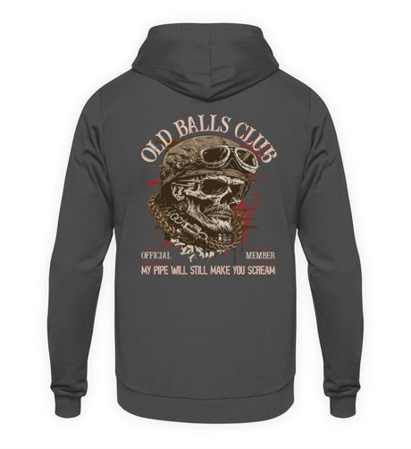 Ein Biker Hoodie für Motorradfahrer von Wingbikers mit dem Aufdruck, Old Balls Club - My Pipe Will Still Make You Scream, als Back Print,  in dunkelgrau.