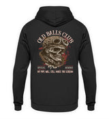 Ein Biker Hoodie für Motorradfahrer von Wingbikers mit dem Aufdruck, Old Balls Club - My Pipe Will Still Make You Scream, als Back Print, in schwarz.