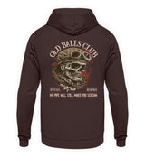 Ein Biker Hoodie für Motorradfahrer von Wingbikers mit dem Aufdruck, Old Balls Club - My Pipe Will Still Make You Scream, als Back Print, in braun.