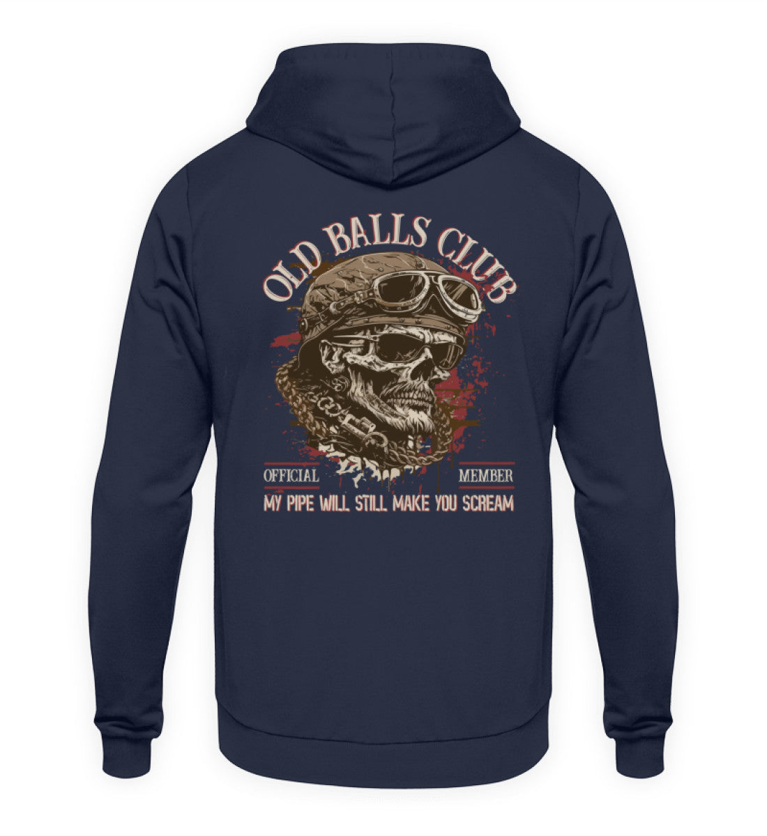 Ein Biker Hoodie für Motorradfahrer von Wingbikers mit dem Aufdruck, Old Balls Club - My Pipe Will Still Make You Scream, als Back Print, in navy blau.