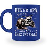 Eine Tasse für Motorradfahrer von Wingbikers, mit dem beidseitigen Aufdruck, Biker Opa - Benzin im Blut - Opa mit Herz und Seele, in royal blau.