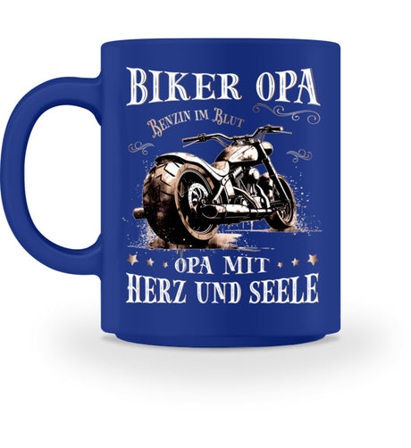 Eine Tasse für Motorradfahrer von Wingbikers, mit dem beidseitigen Aufdruck, Biker Opa - Benzin im Blut - Opa mit Herz und Seele, in royal blau.