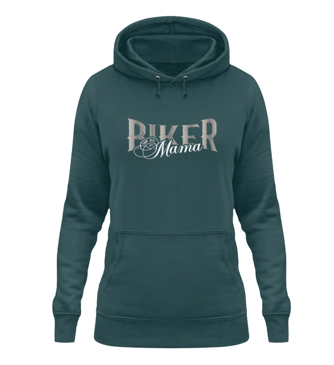 Ein Damen Hoodie für Motorradfahrerende Mütter von Wingbikers mit dem Aufdruck, Biker Mama, in petrol türkis.