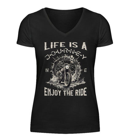 Ein T-Shirt mit V-Ausschnitt für Motorradfahrerinnen von Wingbikers mit dem Aufdruck, Life Is A Journey - Enjoy The Ride, in schwarz.