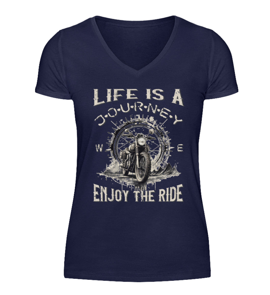 Ein T-Shirt mit V-Ausschnitt für Motorradfahrerinnen von Wingbikers mit dem Aufdruck, Life Is A Journey - Enjoy The Ride, in navy blau.