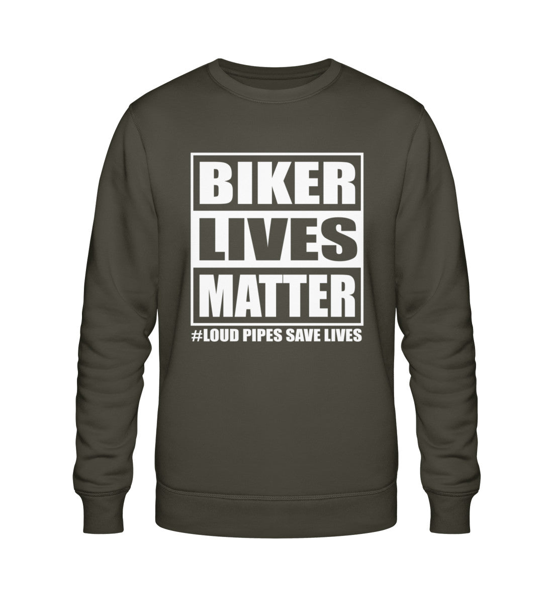 Ein Sweatshirt für Motorradfahrer von Wingbikers mit dem Aufdruck, Biker Lives Matter - # Loud Pipes Save Lives, in khaki grün.