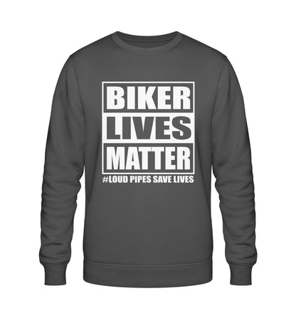 Ein Sweatshirt für Motorradfahrer von Wingbikers mit dem Aufdruck, Biker Lives Matter - # Loud Pipes Save Lives, in dunkelgrau.