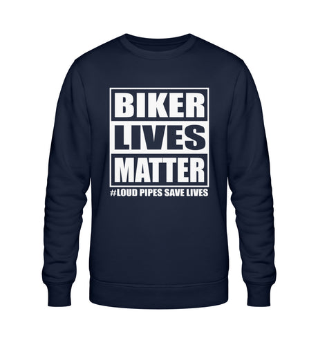 Ein Sweatshirt für Motorradfahrer von Wingbikers mit dem Aufdruck, Biker Lives Matter - # Loud Pipes Save Lives, in navy blau.