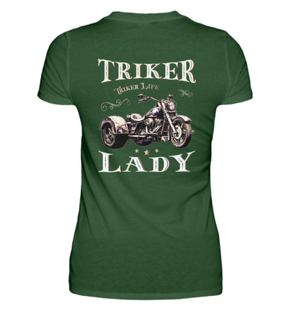Ein T-Shirt für Trike Fahrerinnen von Wingbikers mit dem Aufdruck, Triker Lady - Triker Life, im vintage Stil, als Back Print, in dunkelgrün.