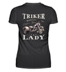 Ein T-Shirt für Trike Fahrerinnen von Wingbikers mit dem Aufdruck, Triker Lady - Triker Life, im vintage Stil, als Back Print, in schwarz.