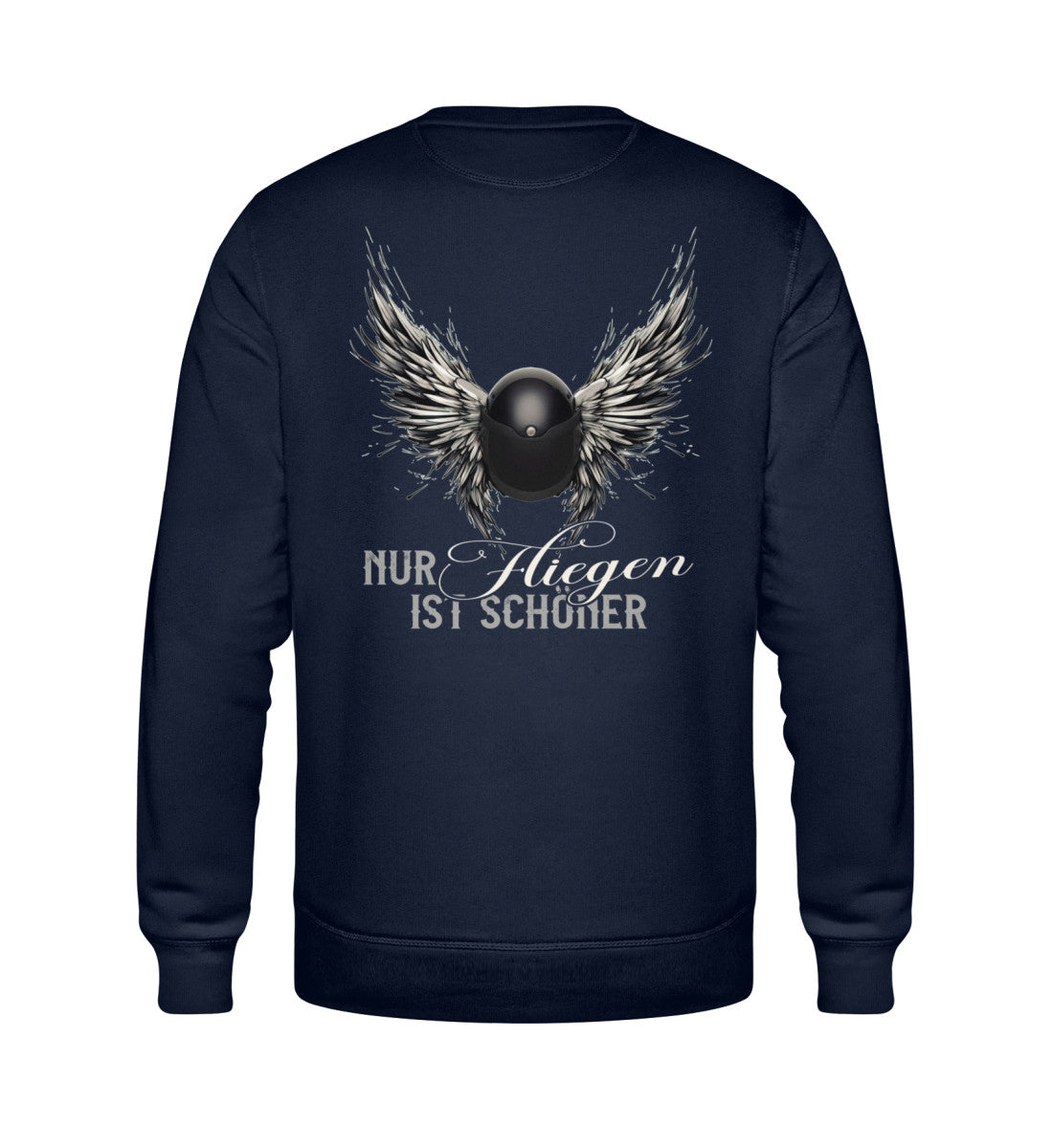 Ein Bikerin Sweatshirt für Motorradfahrerinnen von Wingbikers mit dem Aufdruck, Nur fliegen ist schöner mit Flügeln, als Back Print, in navy blau. 