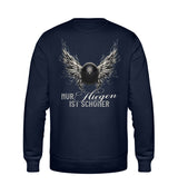 Ein Bikerin Sweatshirt für Motorradfahrerinnen von Wingbikers mit dem Aufdruck, Nur fliegen ist schöner mit Flügeln, als Back Print, in navy blau. 