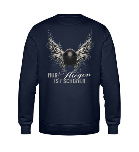 Ein Bikerin Sweatshirt für Motorradfahrerinnen von Wingbikers mit dem Aufdruck, Nur fliegen ist schöner mit Flügeln, als Back Print, in navy blau. 