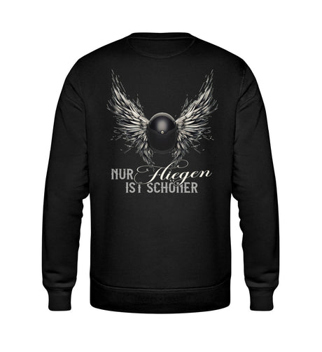 Ein Bikerin Sweatshirt für Motorradfahrerinnen von Wingbikers mit dem Aufdruck, Nur fliegen ist schöner mit Flügeln, als Back Print, in schwarz. 