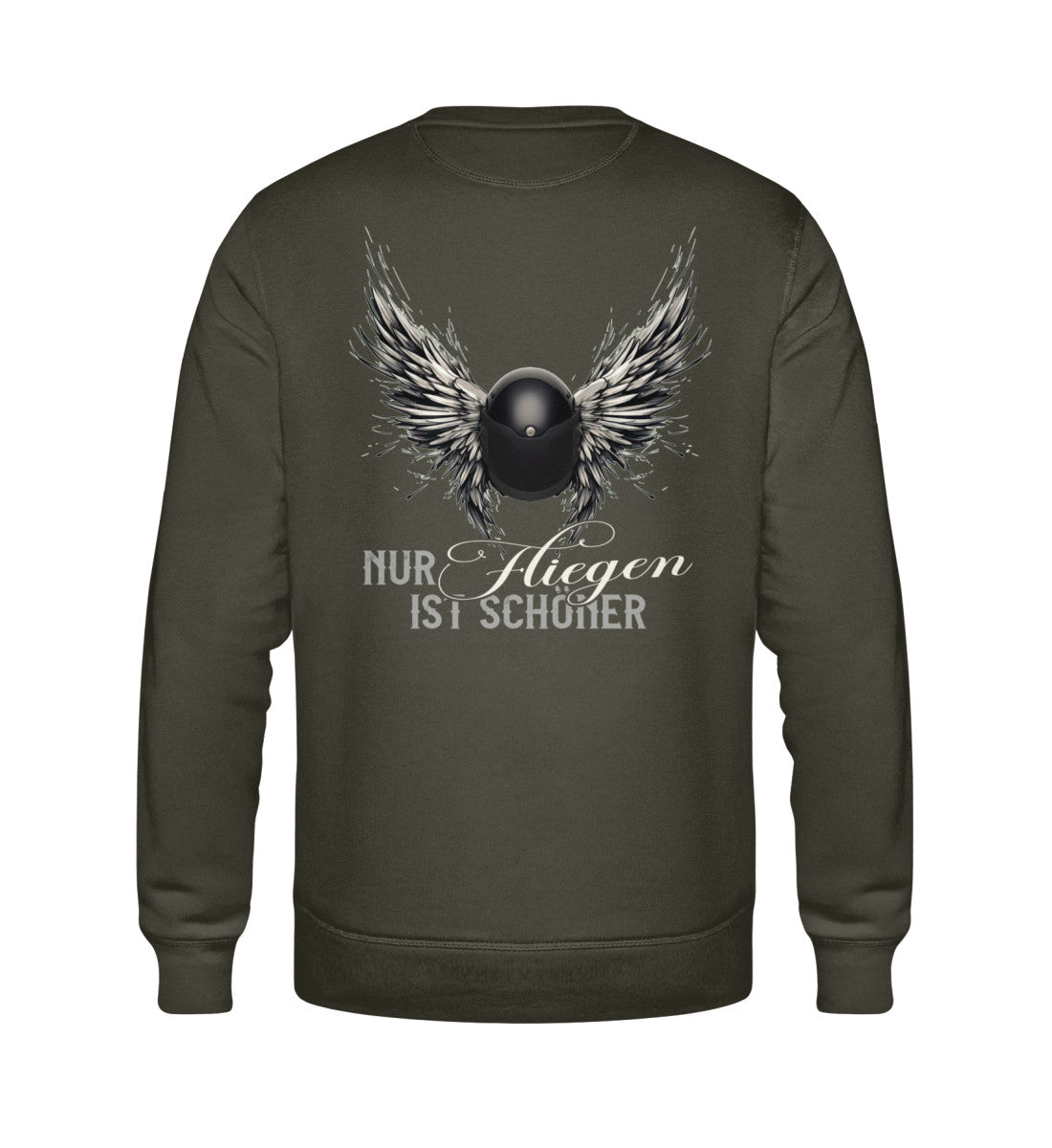 Ein Bikerin Sweatshirt für Motorradfahrerinnen von Wingbikers mit dem Aufdruck, Nur fliegen ist schöner mit Flügeln, als Back Print, in khaki grün. 