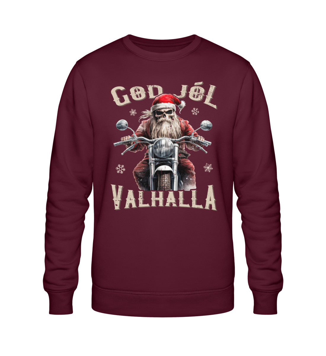 Ein Biker Sweatshirt für Motorradfahrer von Wingbikers mit dem Aufdruck, God Jól Valhalla - Wikinger auf dem Motorrad mit Weihnachtsmütze - in burgunder weinrot.