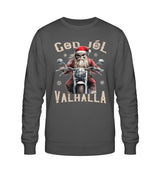 Ein Biker Sweatshirt für Motorradfahrer von Wingbikers mit dem Aufdruck, God Jól Valhalla - Wikinger auf dem Motorrad mit Weihnachtsmütze - in dunkelgrau.