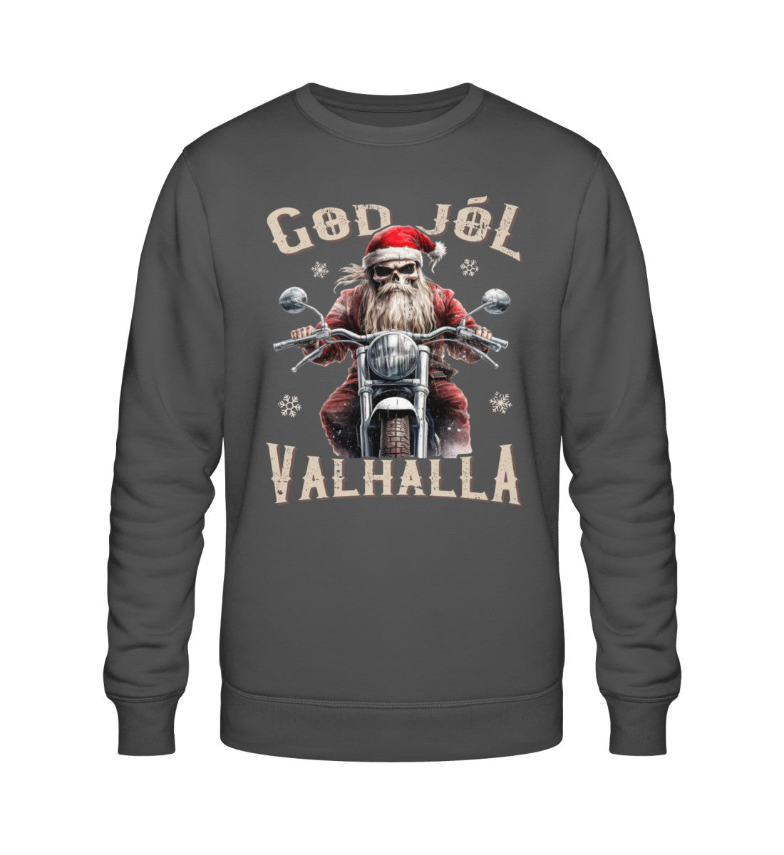 Ein Biker Sweatshirt für Motorradfahrer von Wingbikers mit dem Aufdruck, God Jól Valhalla - Wikinger auf dem Motorrad mit Weihnachtsmütze - in dunkelgrau.