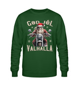 Ein Biker Sweatshirt für Motorradfahrer von Wingbikers mit dem Aufdruck, God Jól Valhalla - Wikinger auf dem Motorrad mit Weihnachtsmütze - in dunkelgrün.