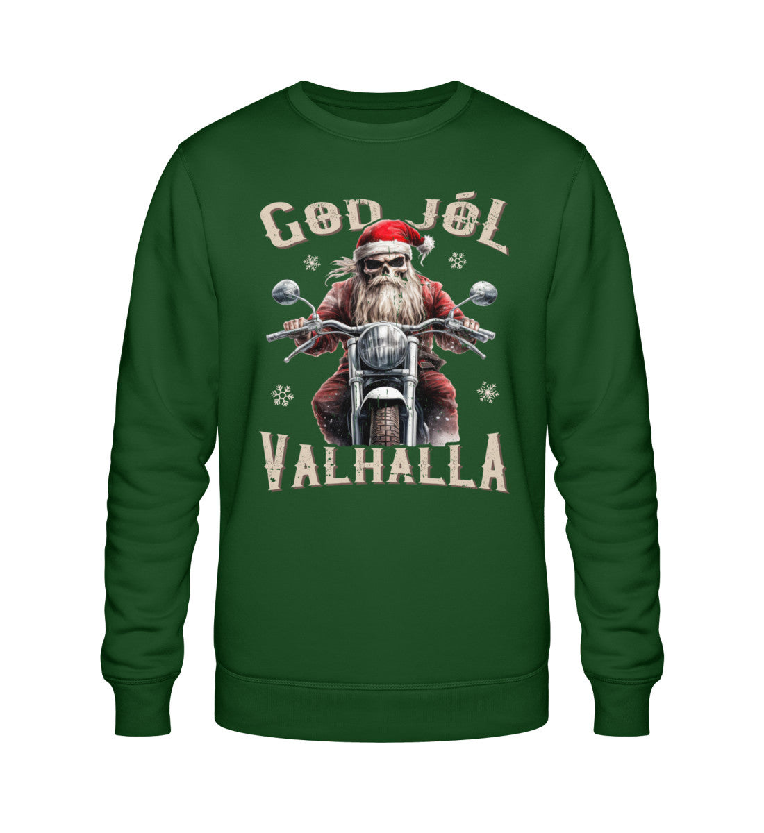 Ein Biker Sweatshirt für Motorradfahrer von Wingbikers mit dem Aufdruck, God Jól Valhalla - Wikinger auf dem Motorrad mit Weihnachtsmütze - in dunkelgrün.