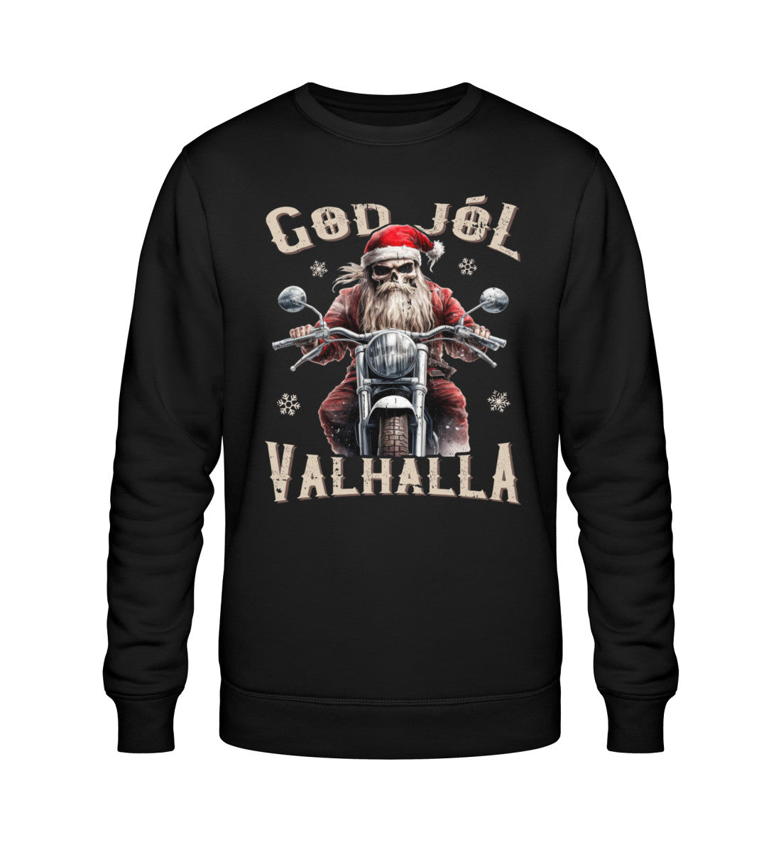 Ein Biker Sweatshirt für Motorradfahrer von Wingbikers mit dem Aufdruck, God Jól Valhalla - Wikinger auf dem Motorrad mit Weihnachtsmütze - in schwarz.