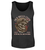 Ein Biker Tanktop für Motorradfahrer von Wingbikers mit dem Aufdruck, Old Balls Club - My Pipe Will Still Make You Scream, in schwarz.