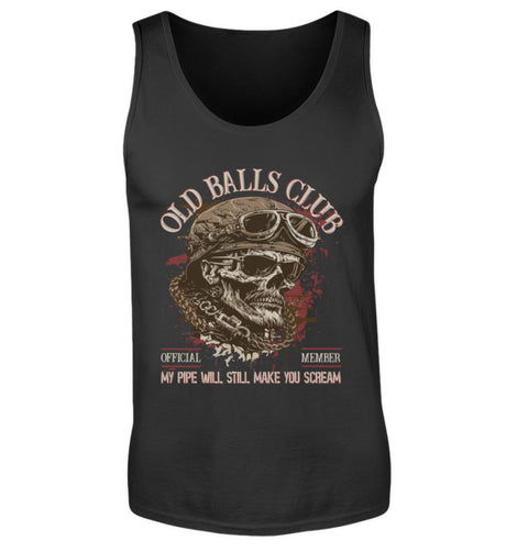 Ein Biker Tanktop für Motorradfahrer von Wingbikers mit dem Aufdruck, Old Balls Club - My Pipe Will Still Make You Scream, in schwarz.