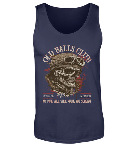 Ein Biker Tanktop für Motorradfahrer von Wingbikers mit dem Aufdruck, Old Balls Club - My Pipe Will Still Make You Scream, in navy blau.