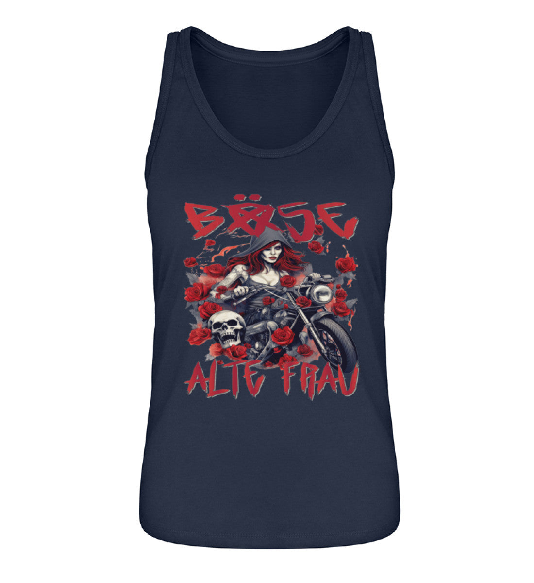 Ein Bikerin Tanktop für Motorradfahrerinnen von Wingbikers mit dem Aufdruck, Böse Alte Frau, in navy blau.