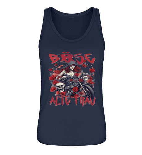 Ein Bikerin Tanktop für Motorradfahrerinnen von Wingbikers mit dem Aufdruck, Böse Alte Frau, in navy blau.