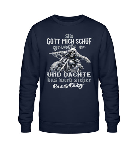 Ein Biker Sweatshirt für Motorradfahrer von Wingbikers mit dem Aufdruck, Als Gott mich schuf grinste er und dachte, das wird sicher lustig! - in navy blau. 