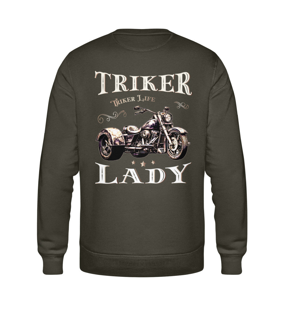 Ein Sweatshirt für Trike Fahrerinnen von Wingbikers mit dem Aufdruck, Triker Lady - Triker Life, im vintage Stil, als Back Print, in khaki grün.