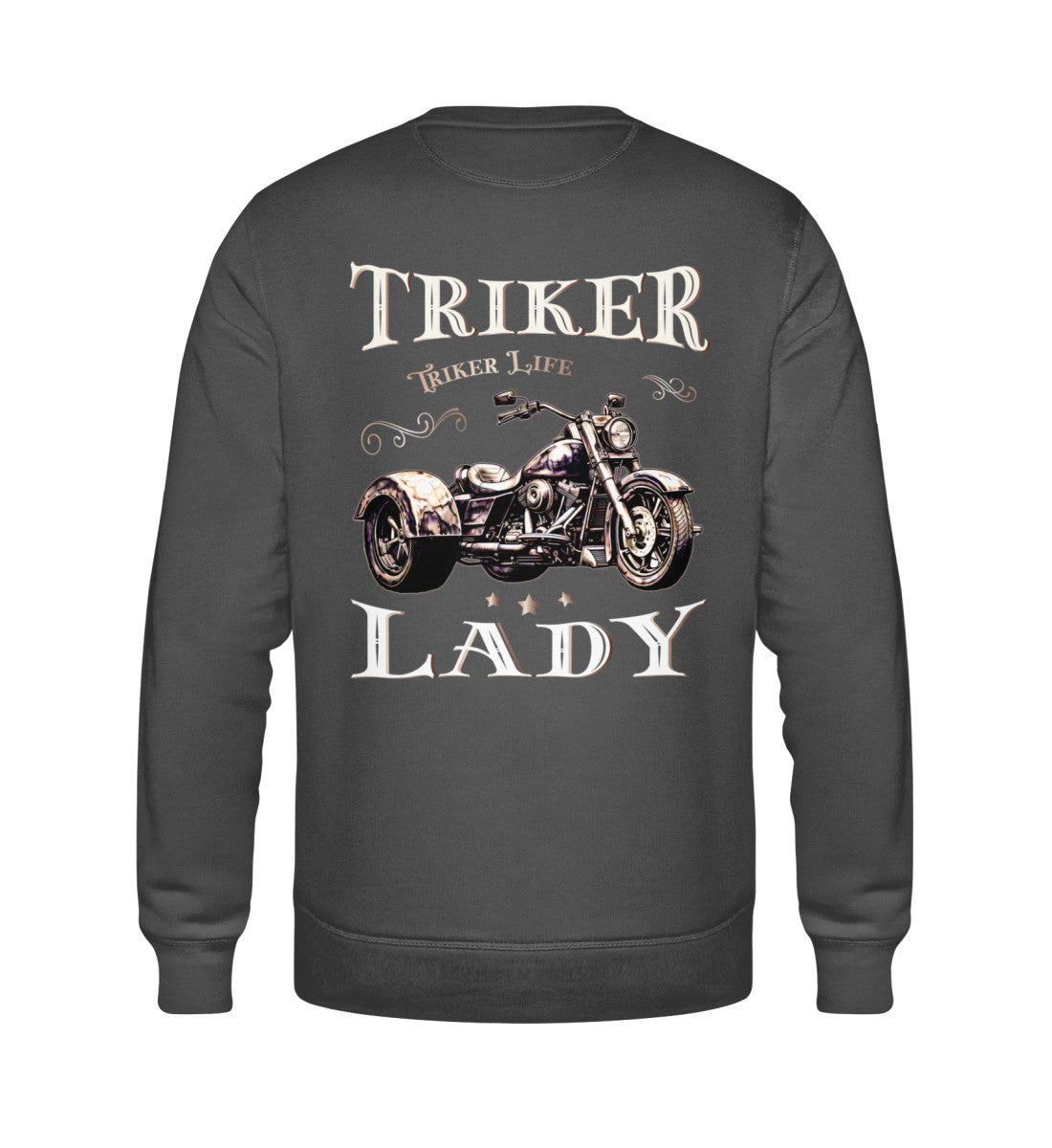 Ein Sweatshirt für Trike Fahrerinnen von Wingbikers mit dem Aufdruck, Triker Lady - Triker Life, im vintage Stil, als Back Print, in dunkelgrau.