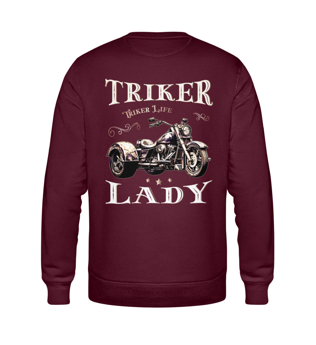 Ein Sweatshirt für Trike Fahrerinnen von Wingbikers mit dem Aufdruck, Triker Lady - Triker Life, im vintage Stil, als Back Print, in burgunder weinrot.