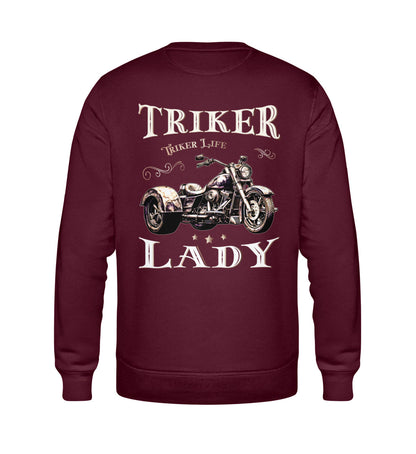 Ein Sweatshirt für Trike Fahrerinnen von Wingbikers mit dem Aufdruck, Triker Lady - Triker Life, im vintage Stil, als Back Print, in burgunder weinrot.