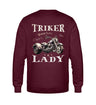 Ein Sweatshirt für Trike Fahrerinnen von Wingbikers mit dem Aufdruck, Triker Lady - Triker Life, im vintage Stil, als Back Print, in burgunder weinrot.