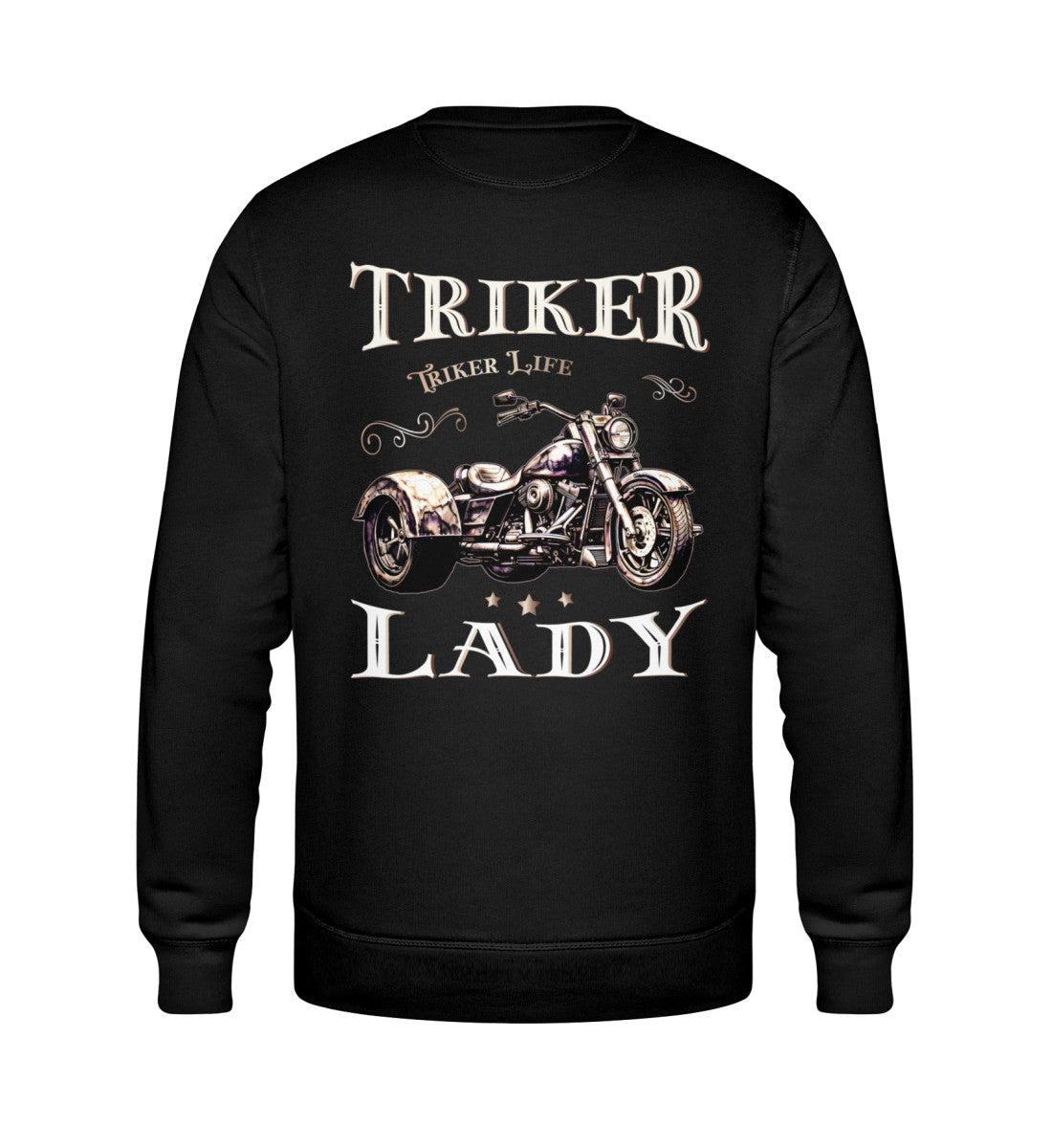 Ein Sweatshirt für Trike Fahrerinnen von Wingbikers mit dem Aufdruck, Triker Lady - Triker Life, im vintage Stil, als Back Print, in schwarz.