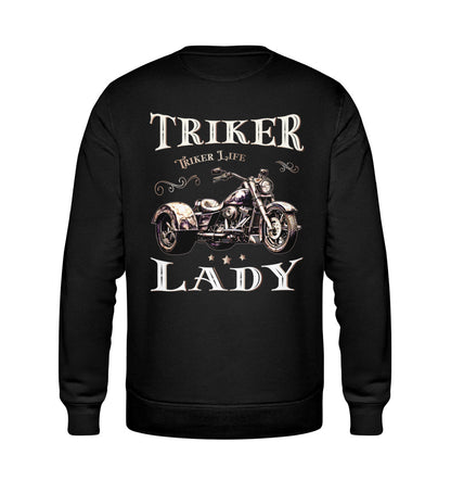 Ein Sweatshirt für Trike Fahrerinnen von Wingbikers mit dem Aufdruck, Triker Lady - Triker Life, im vintage Stil, als Back Print, in schwarz.